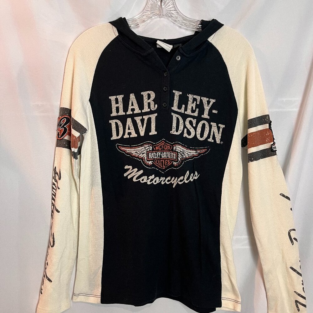 Women's Harley Davidson Navy/Cream Long slv Hooded Henley Thermal Top Size M